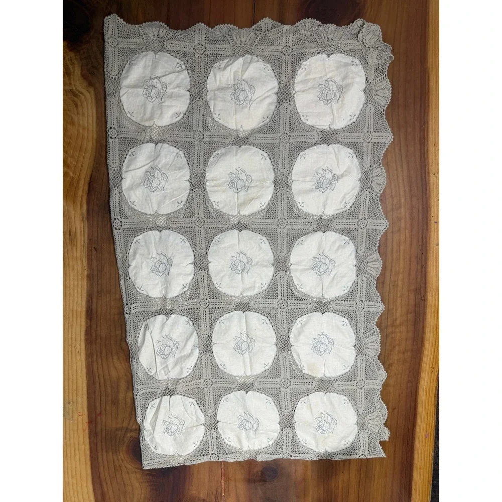 Vintage Antique Tablecloth Cotton Madeira With filet & Crochet lace LINEN E3-5